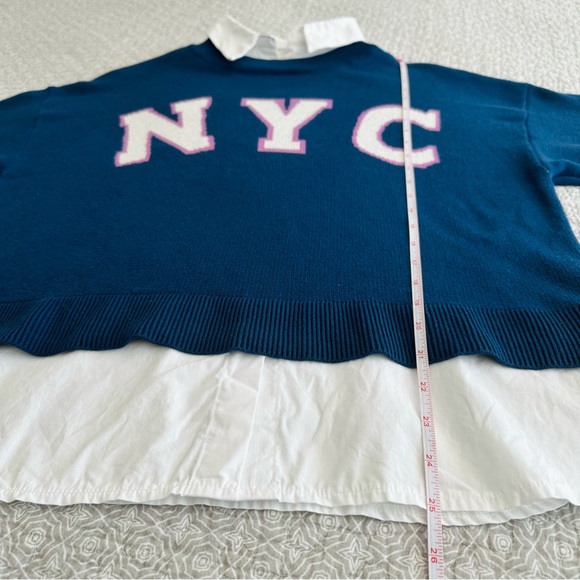 Maeve Anthropologie NYC Graphic Twofer Sweater Shirt Oversized Blue Size S - Picture 11 of 13